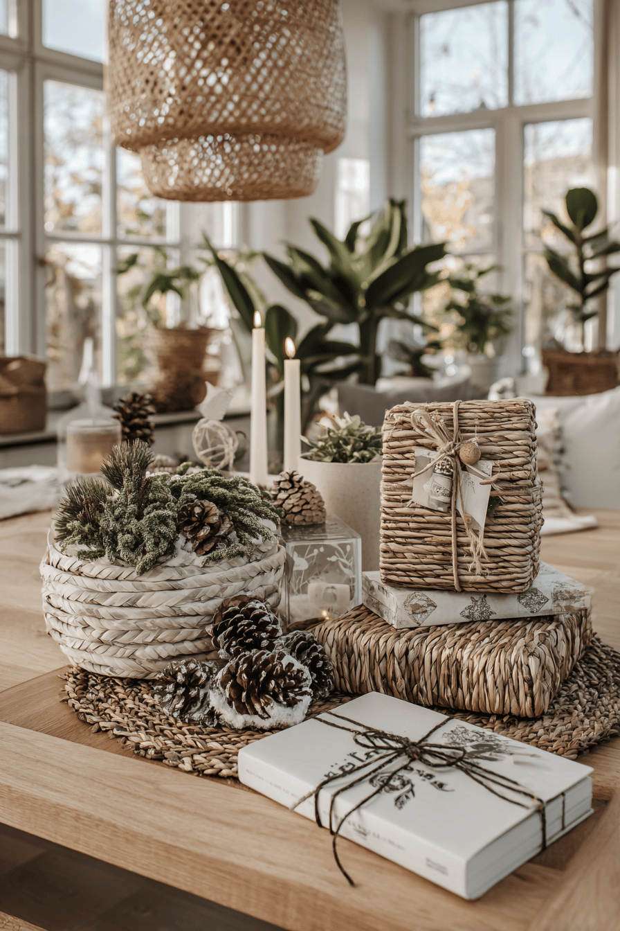 Ein geschmackvoll dekorierter Tisch mit Geschenken und Dekorationen aus natürlichen Materialien im Hygge-Stil.