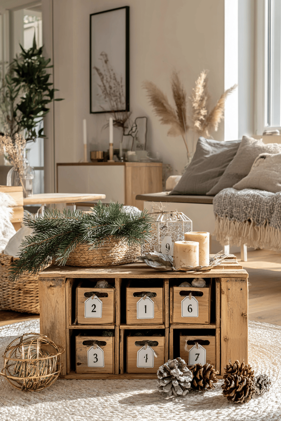 Selbstgemachter Adventskalender aus kleinen Holzkisten, dekoriert mit Tannenzweigen, Kerzen und Zapfen in einem gemütlichen Wohnraum.