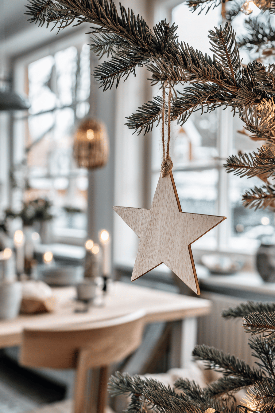 Ein schlichter Holzstern hängt an einem Zweig eines Weihnachtsbaums vor winterlicher Kulisse.