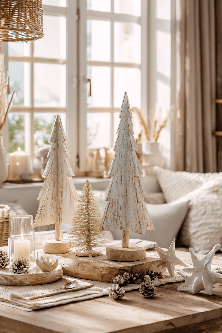 Zwei dekorative Weihnachtsbäume aus hellem Holz auf einem gedeckten Tisch im Wohnzimmer