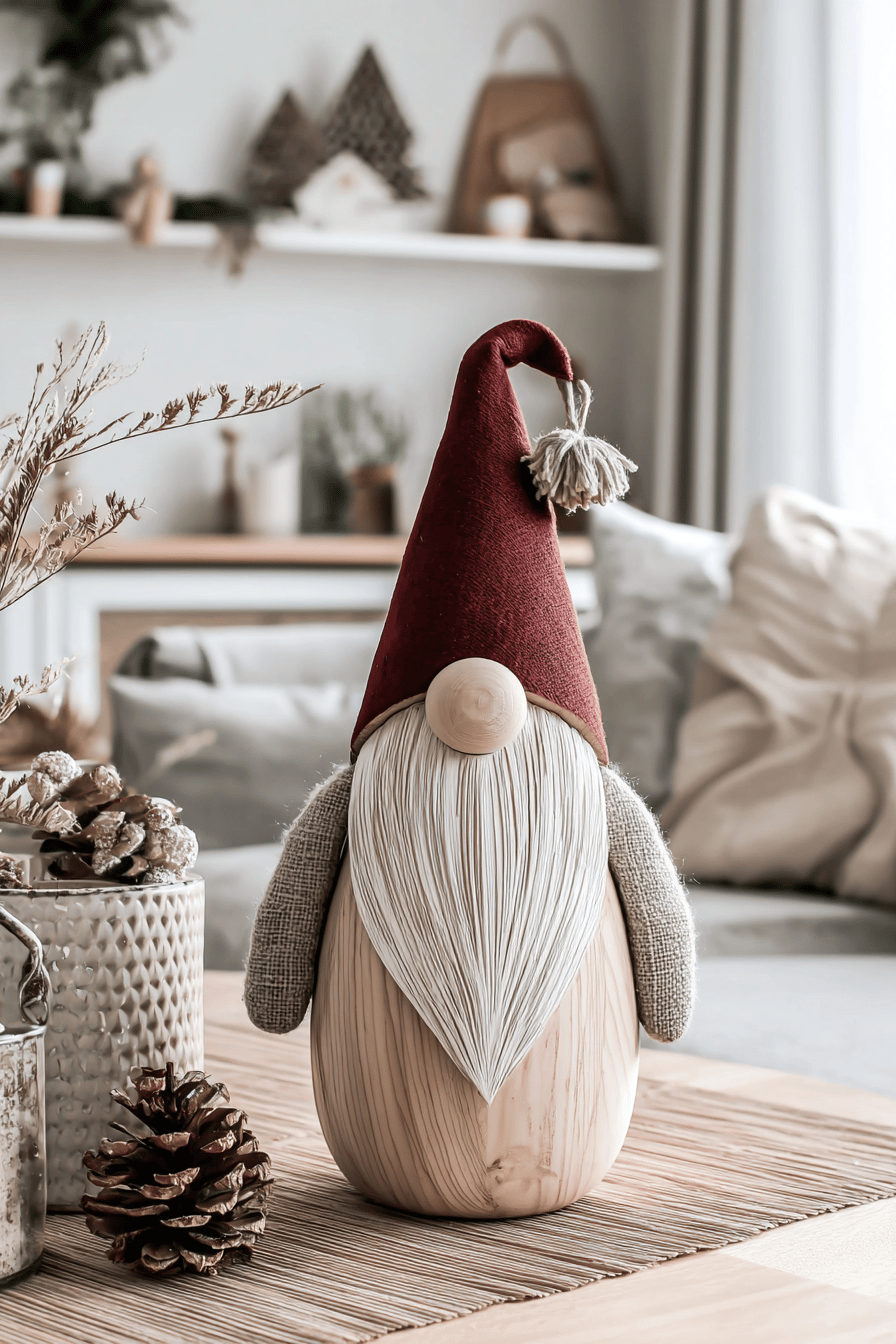 Handgemachter Weihnachtswichtel aus Holz mit roter Filzmütze und langem weißen Bart in gemütlicher Wohnzimmeratmosphäre