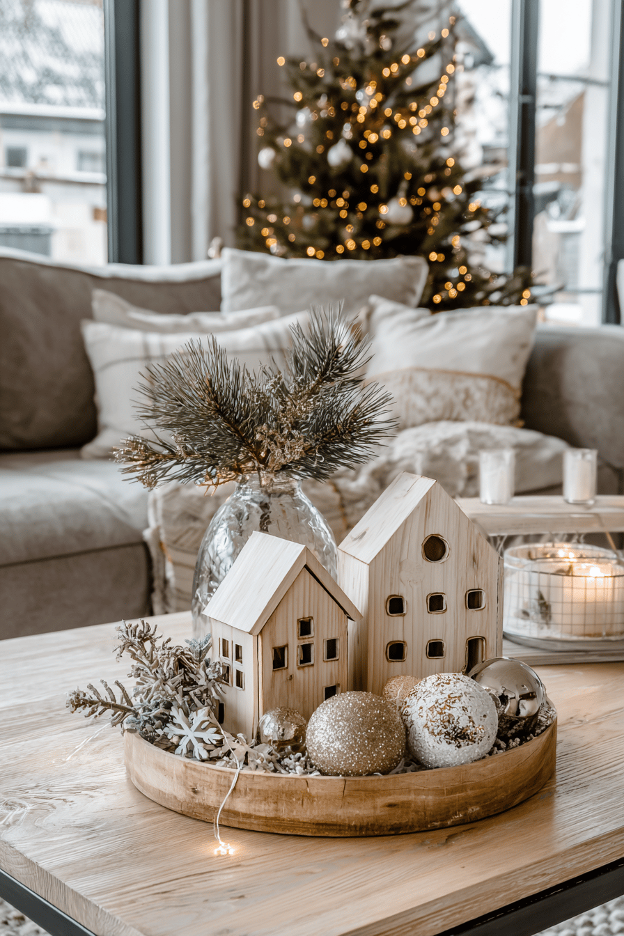 Dekorative kleine Holzhäuser im skandinavischen Stil mit Tannenzweigen und Weihnachtskugeln auf einem Tisch vor einem festlich geschmückten Weihnachtsbaum