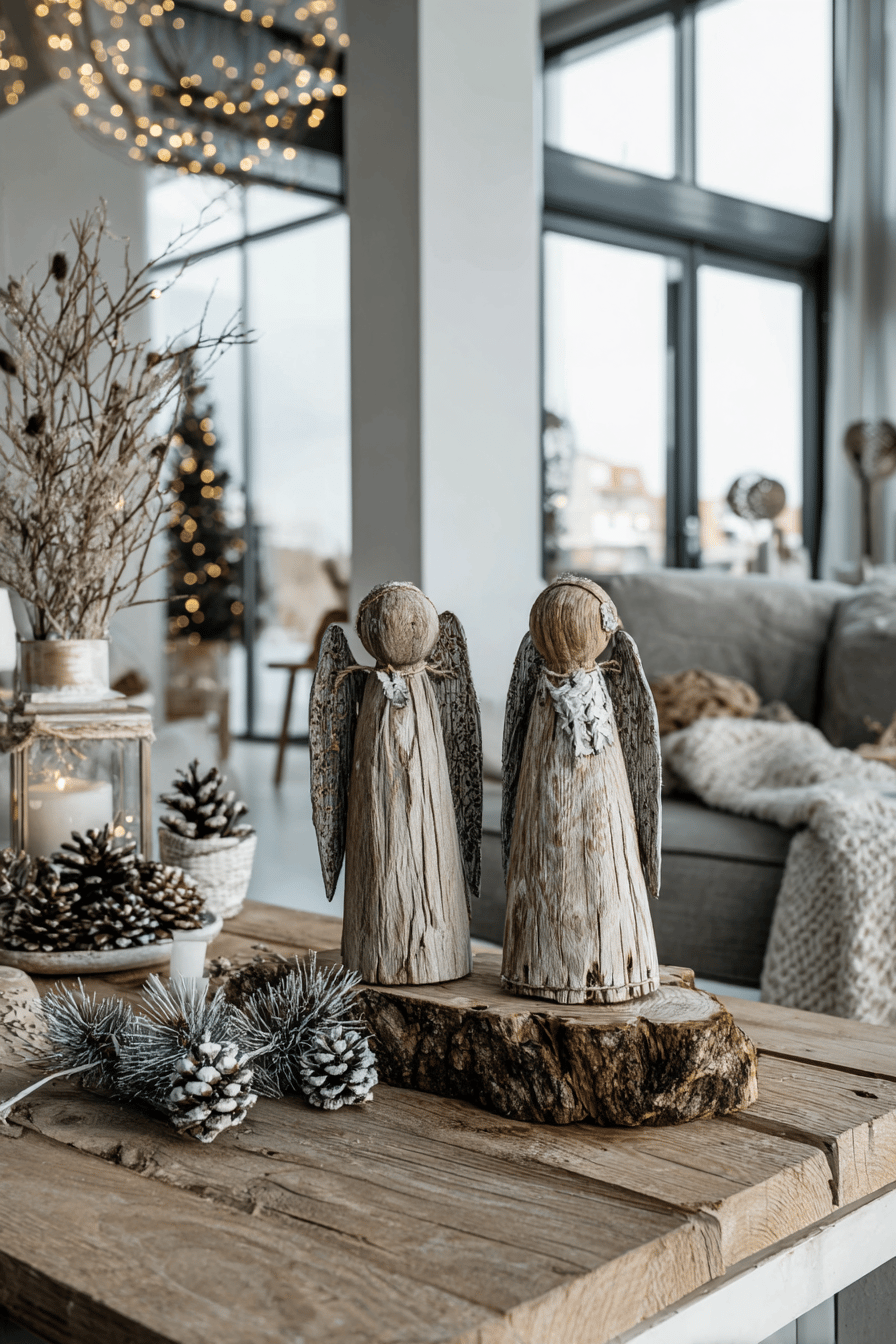Zwei handgemachte Engel aus Treibholz und Rinde als Dekoration auf einem Holztisch in weihnachtlichem Wohnzimmer