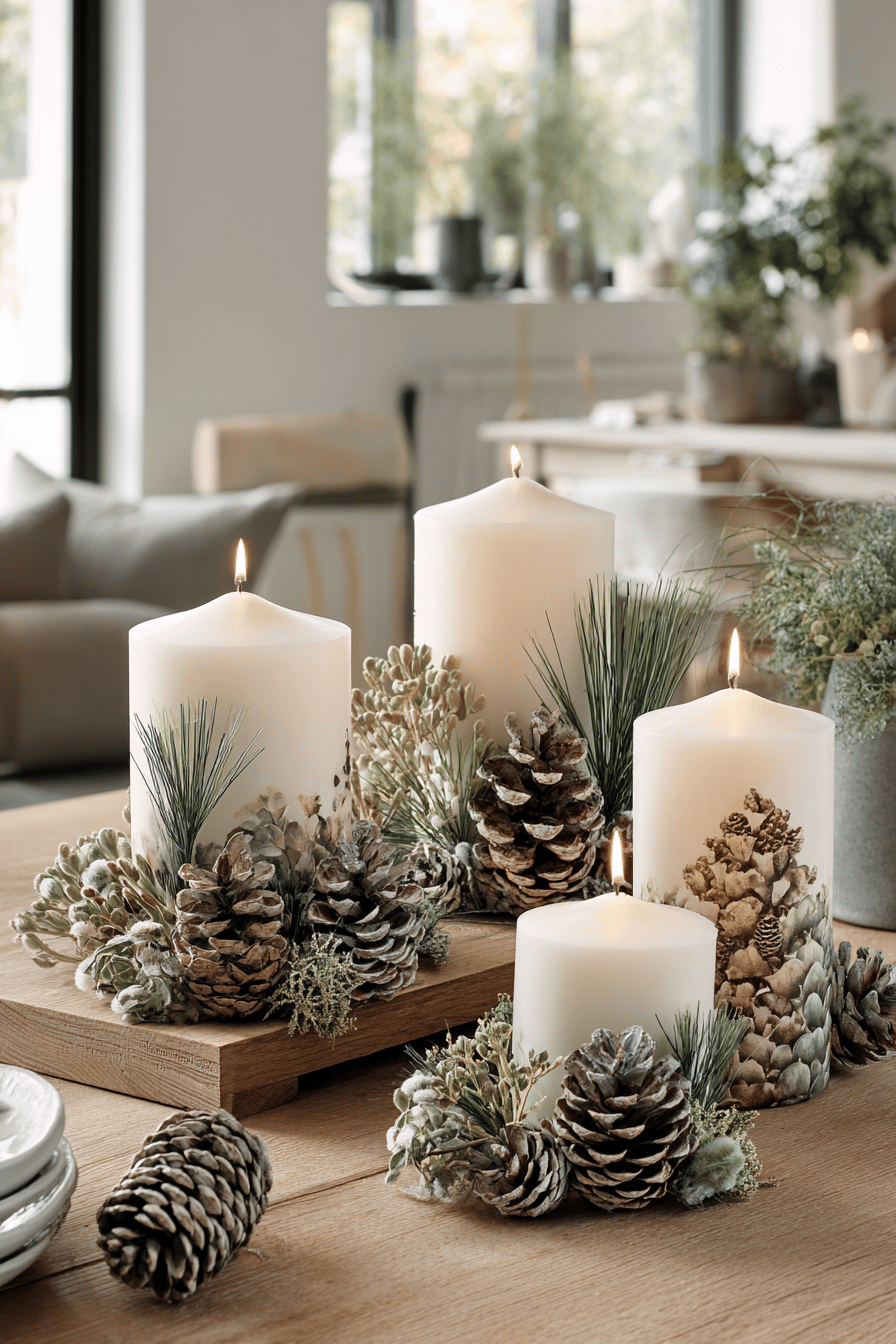 Deko mit Kerzen und natürlichen Zapfen auf einem Tisch.