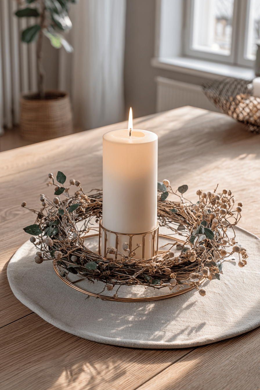 Ein minimalistisch gestalteter Kerzenhalter in Gold auf einem Tisch, umgeben von Naturmaterialien.