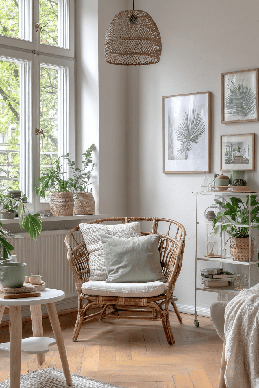 Gemütliche Ecke mit Rattansessel, Pflanzen, und minimalistischer Dekoration in hellem Zimmer.