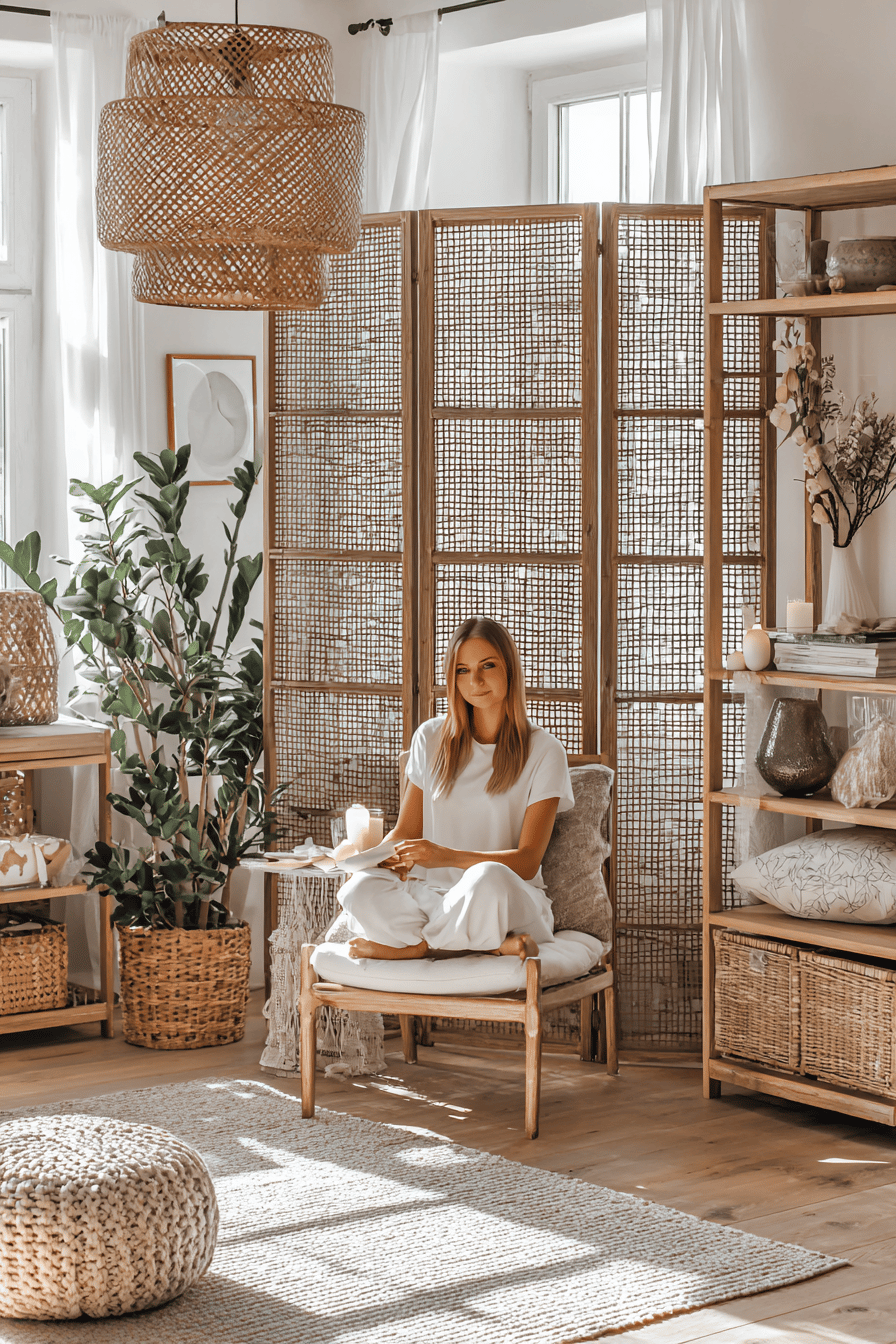 Ein gemütlich eingerichtetes Zimmer mit Raumteiler, Pflanzen und einem Sitzbereich.