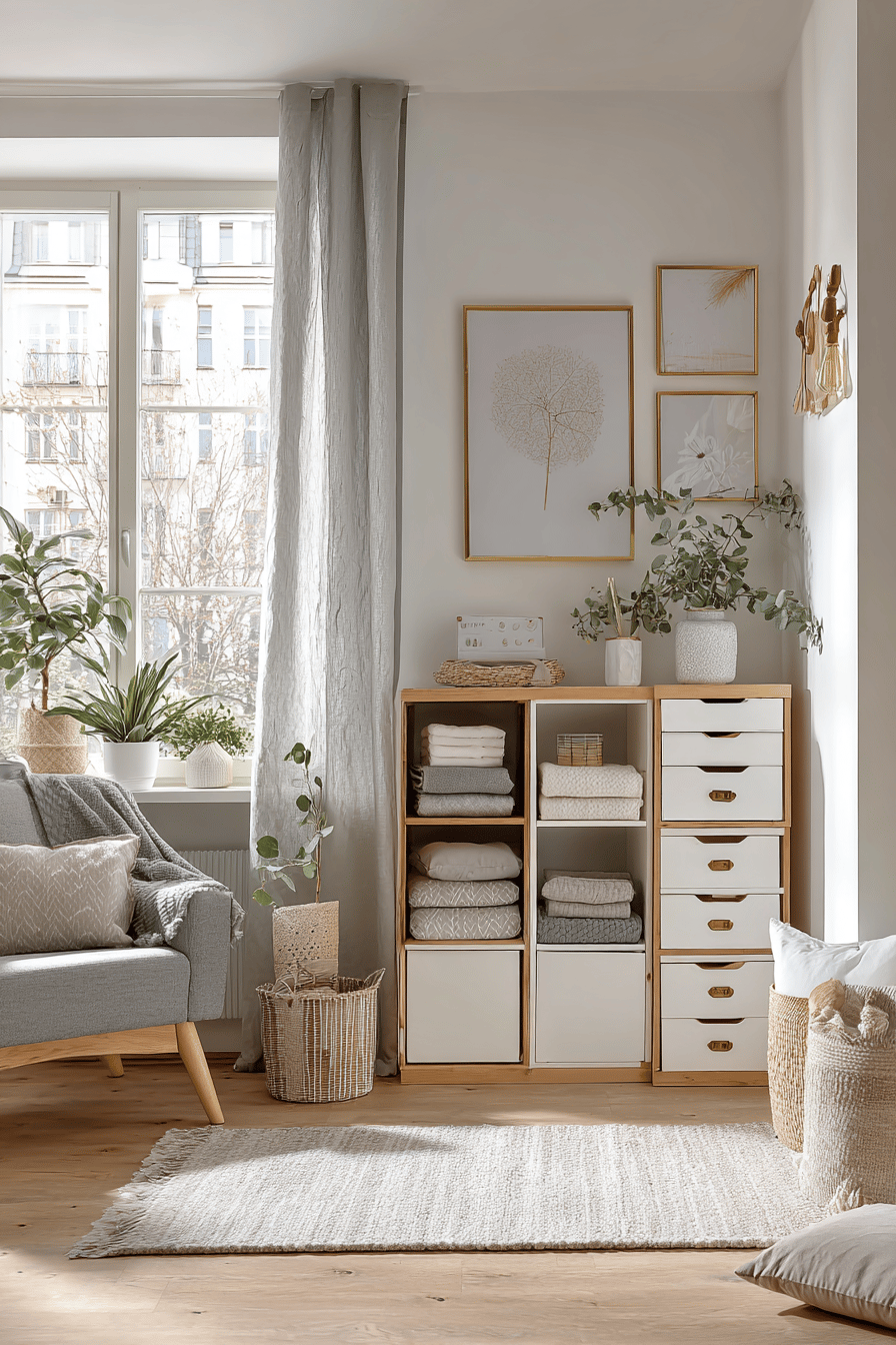 Ein helles, kleines Wohnzimmer mit eleganter Dekoration und Pflanzen.