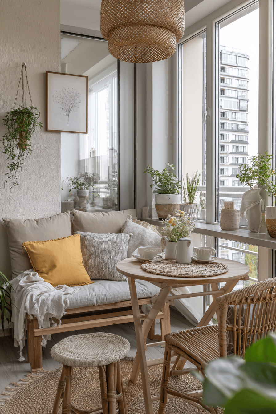 Gemütliche Ecke mit Klapptisch, Kissen und Pflanzen in einem kleinen Raum.