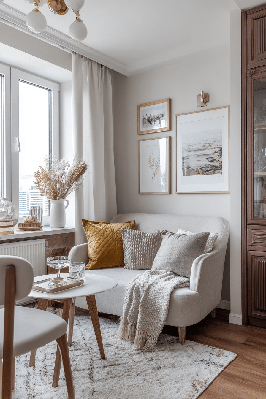 Helles Wohnzimmer mit bequemer Couch, dekorativen Kissen und Naturakzenten.