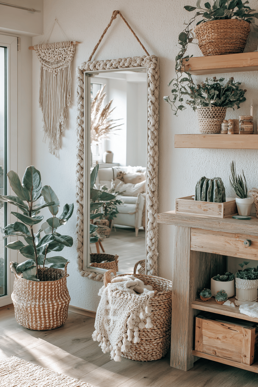 Ein in einem Wohnzimmer strategisch platzierter Wandspiegel neben Pflanzen und Dekoration.