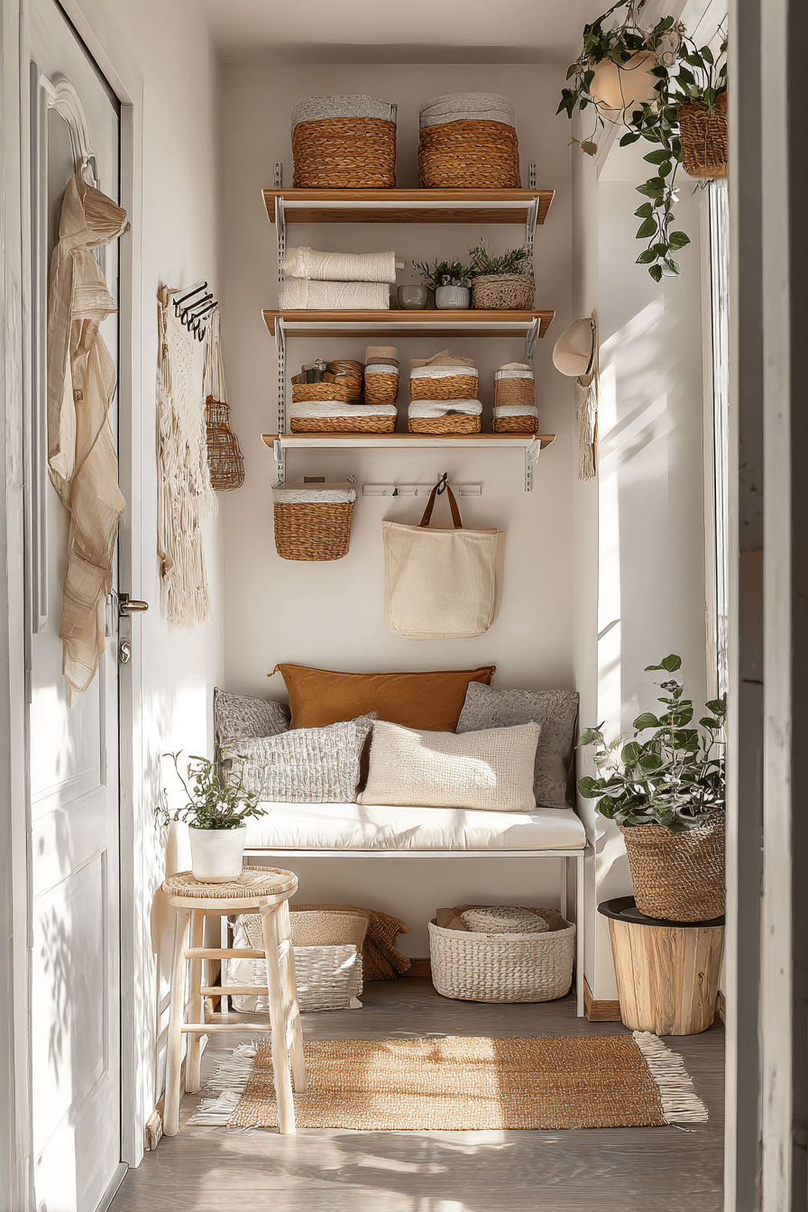 Ein kleiner, heller Raum mit Regalen, Körben und Pflanzen.
