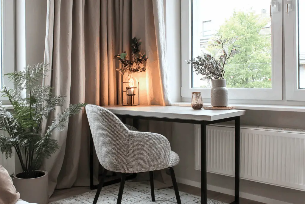 Moderner Schreibtisch mit Pflanzen am Fenster.