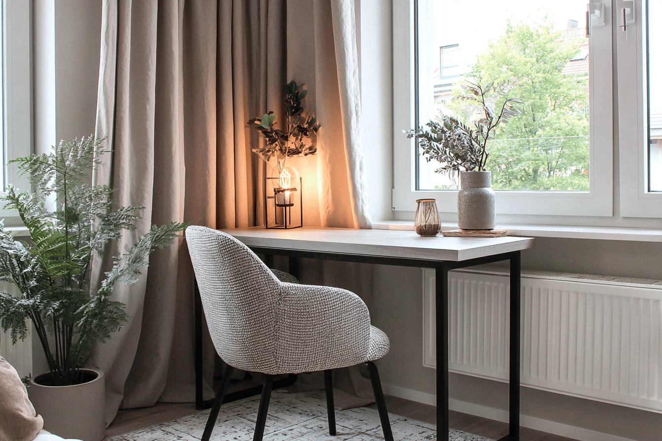 Moderner Schreibtisch mit Pflanzen am Fenster.