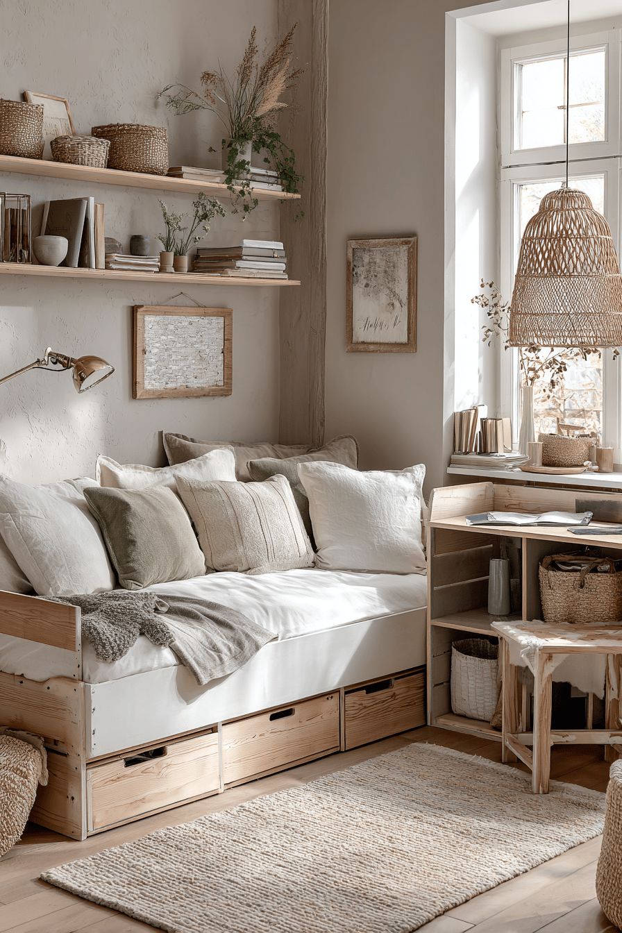 Ein gemütliches, multifunktionales Zimmer mit Sofa, Schreibtisch und Regalen aus Holz.