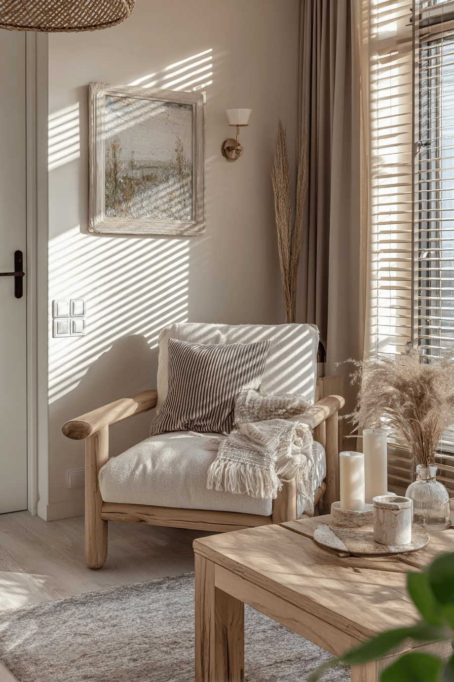 Ein kleines, gemütliches Zimmer mit natürlichen Holzmöbeln und Streifenmustern aus Licht.