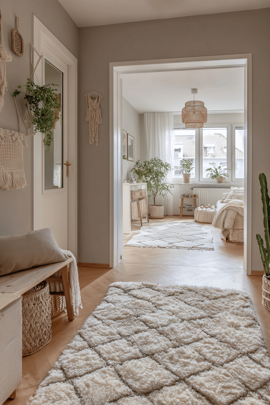 Ein heller Raum mit flauschigem Teppich, dekorativen Pflanzen und minimalistischer Einrichtung.