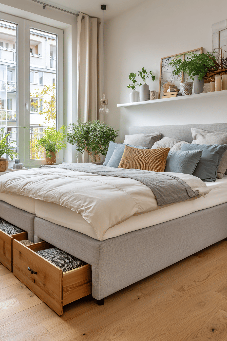 Gemütliches Schlafzimmer mit Stauraumbett und Pflanzen.