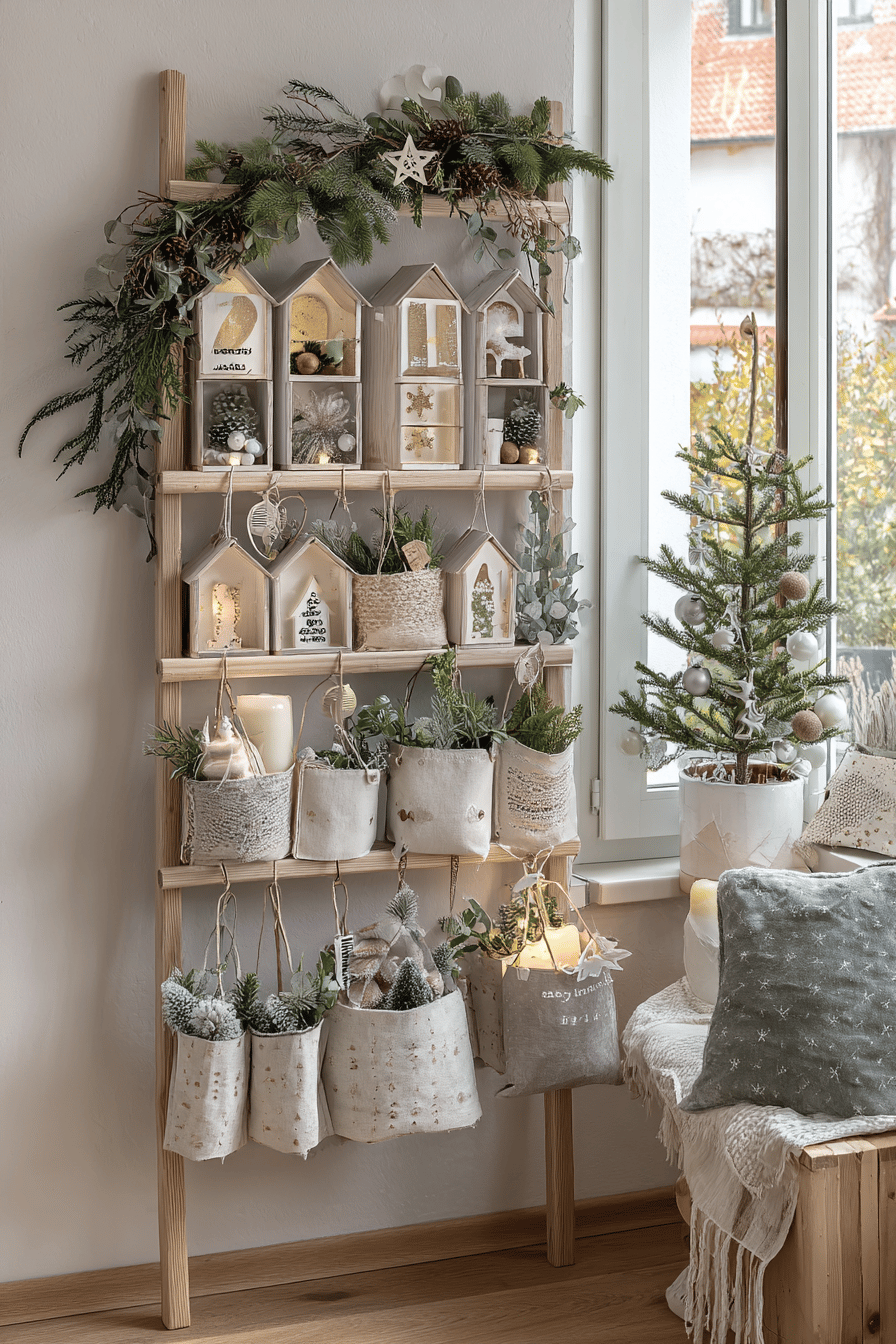Ein selbstgemachter Adventskalender aus Holz mit kleinen Beuteln und dekorativen Elementen.