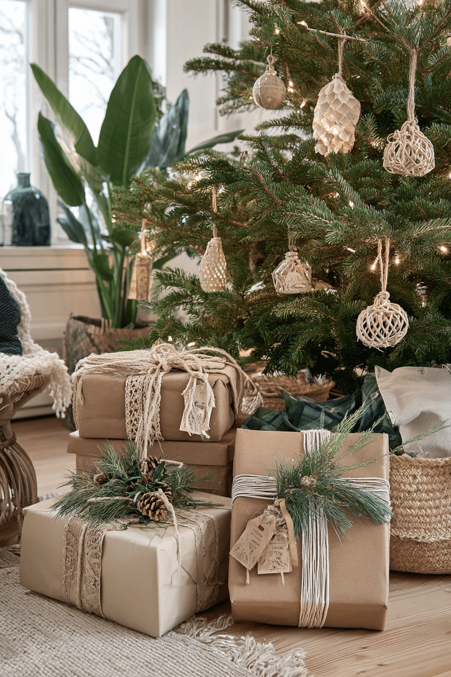 Weihnachtsgeschenke in natürlichem Papier und Dekoration aus Naturmaterialien unter einem geschmückten Weihnachtsbaum.