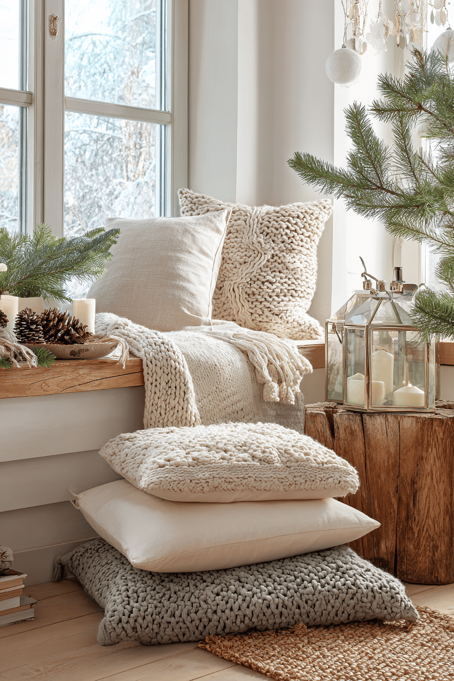 Ein gemütlicher Sitzbereich mit Strickkissen und Kerzen in einem weihnachtlich dekorierten Raum.