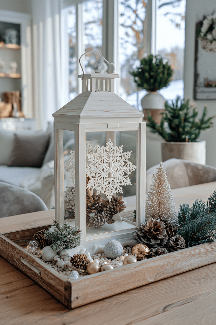 Weiße Laterne mit Schneeflockenmotiv, umgeben von Tannenzapfen und Weihnachtsdekoration.
