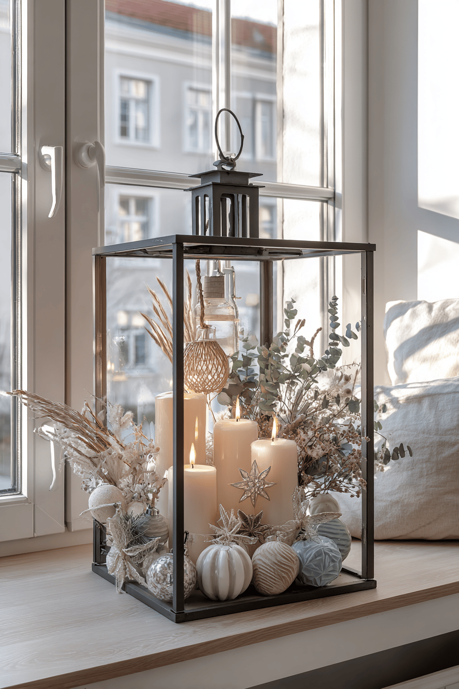 Eine dekorative Laterne mit verschiedenen hohen Kerzen, umgeben von weihnachtlichen Elementen.