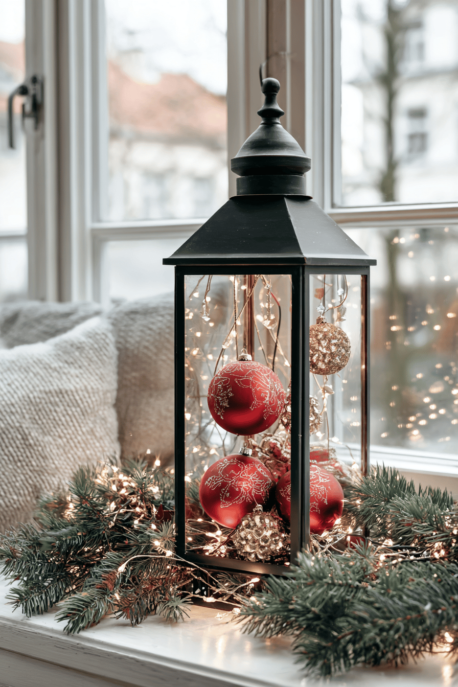 Schwarze Laterne mit roten Weihnachtskugeln und goldenen Akzenten auf einer Fensterbank, umgeben von Tannenzweigen und Lichterketten.