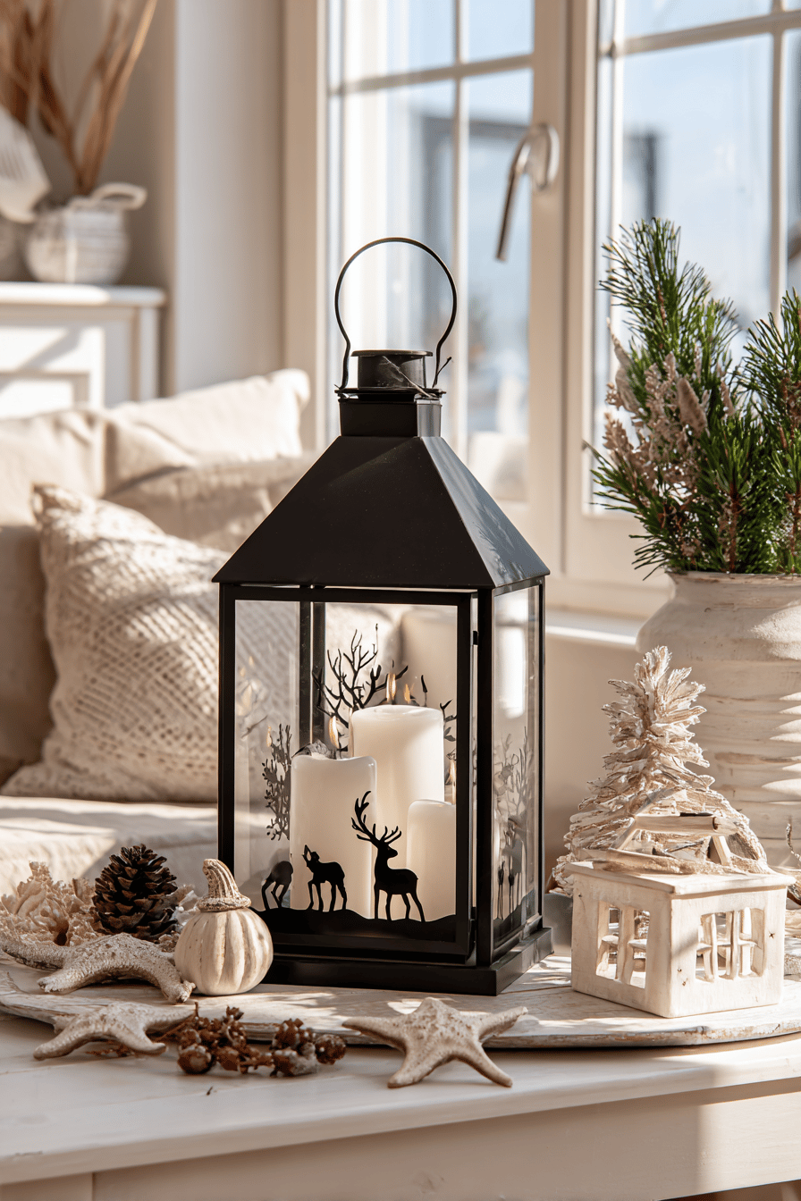 Schwarze Laterne mit winterlicher Silhouettenkunst und Kerzenlicht.