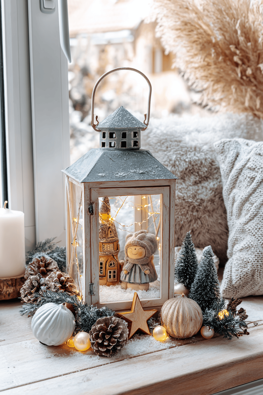 Eine dekorative Laterne mit Mini-Weihnachtsfiguren und Kunstschnee auf der Fensterbank.