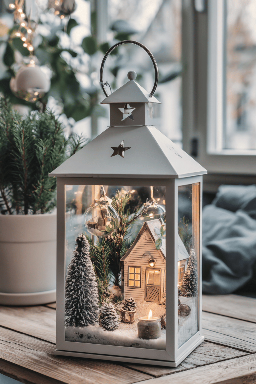 Winterliche Laterne mit Miniaturhäuschen und Baumschmuck auf einem Tisch.