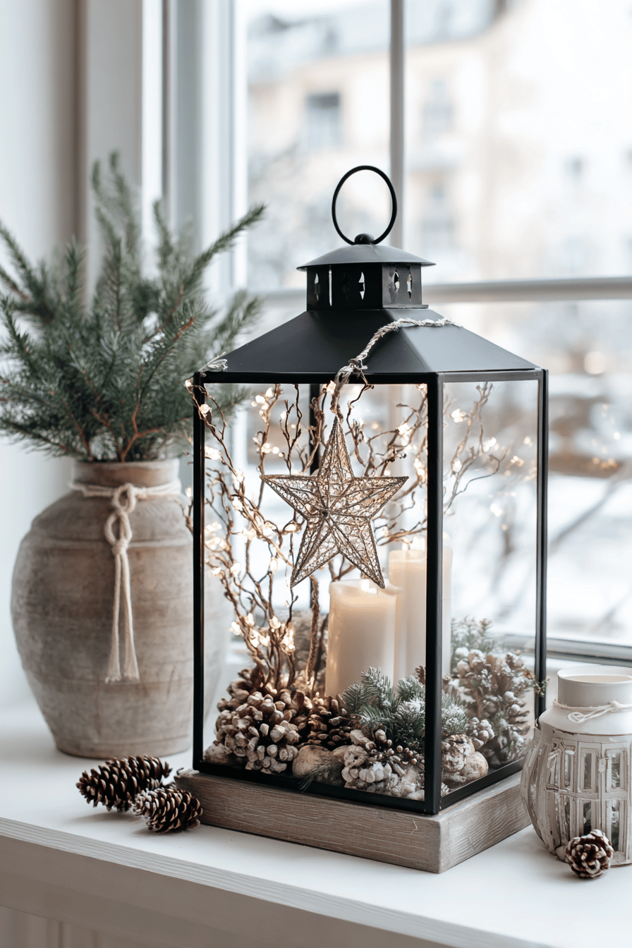 Elegante Laterne mit Drahtstern und weihnachtlicher Dekoration im Inneren.