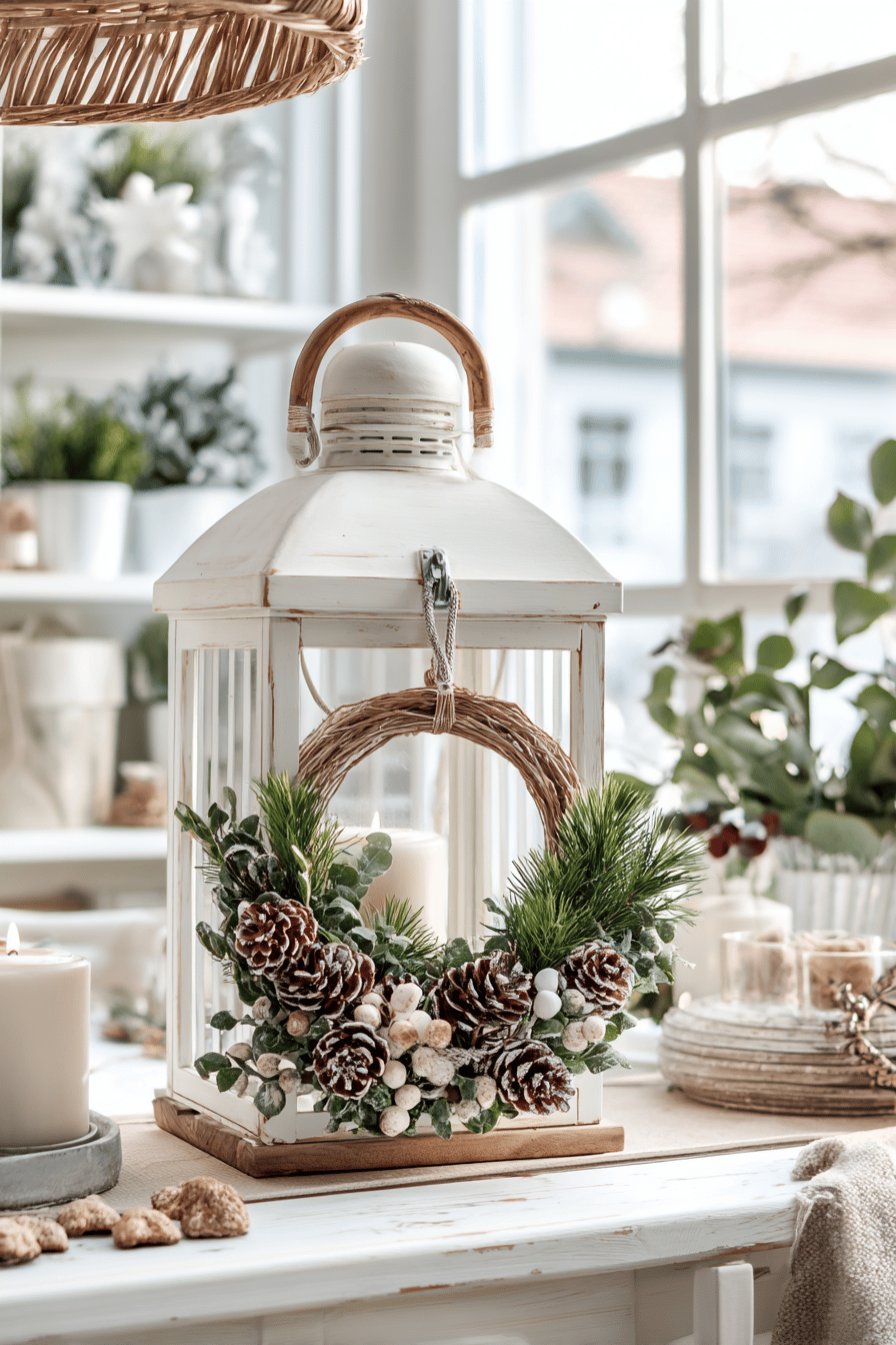 Eine weiße Laterne mit einem Weihnachtskranz aus Tannenzweigen und Zapfen am Griff, daneben eine brennende Kerze.