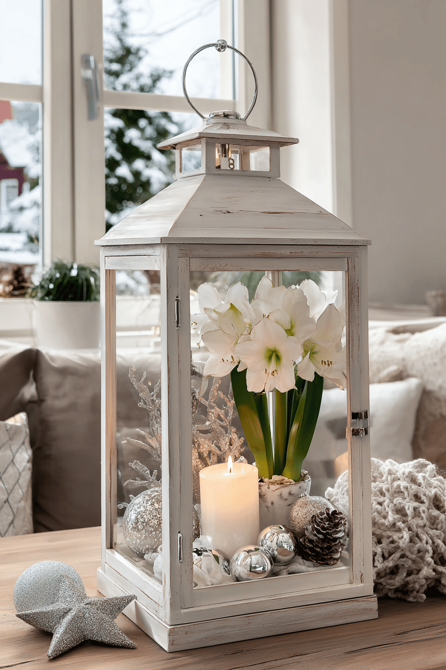 Eine dekorative Indoor-Laterne mit weißen Amaryllis, Kerze und Silberdekoration auf einem Tisch.