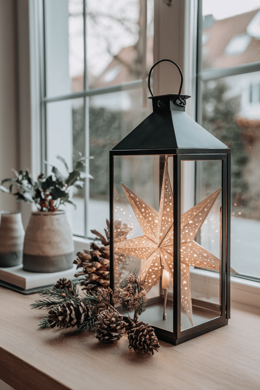 Moderne Laterne mit beleuchtetem Papierstern in Gold, dekoriert mit Tannenzapfen und Zweigen.