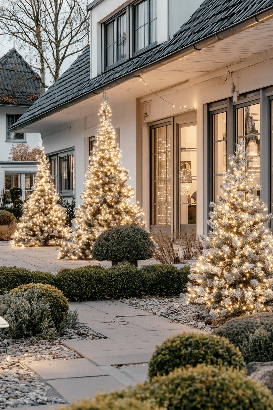 Weihnachtlich beleuchtete LED-Bäume vor einem modernen Haus
