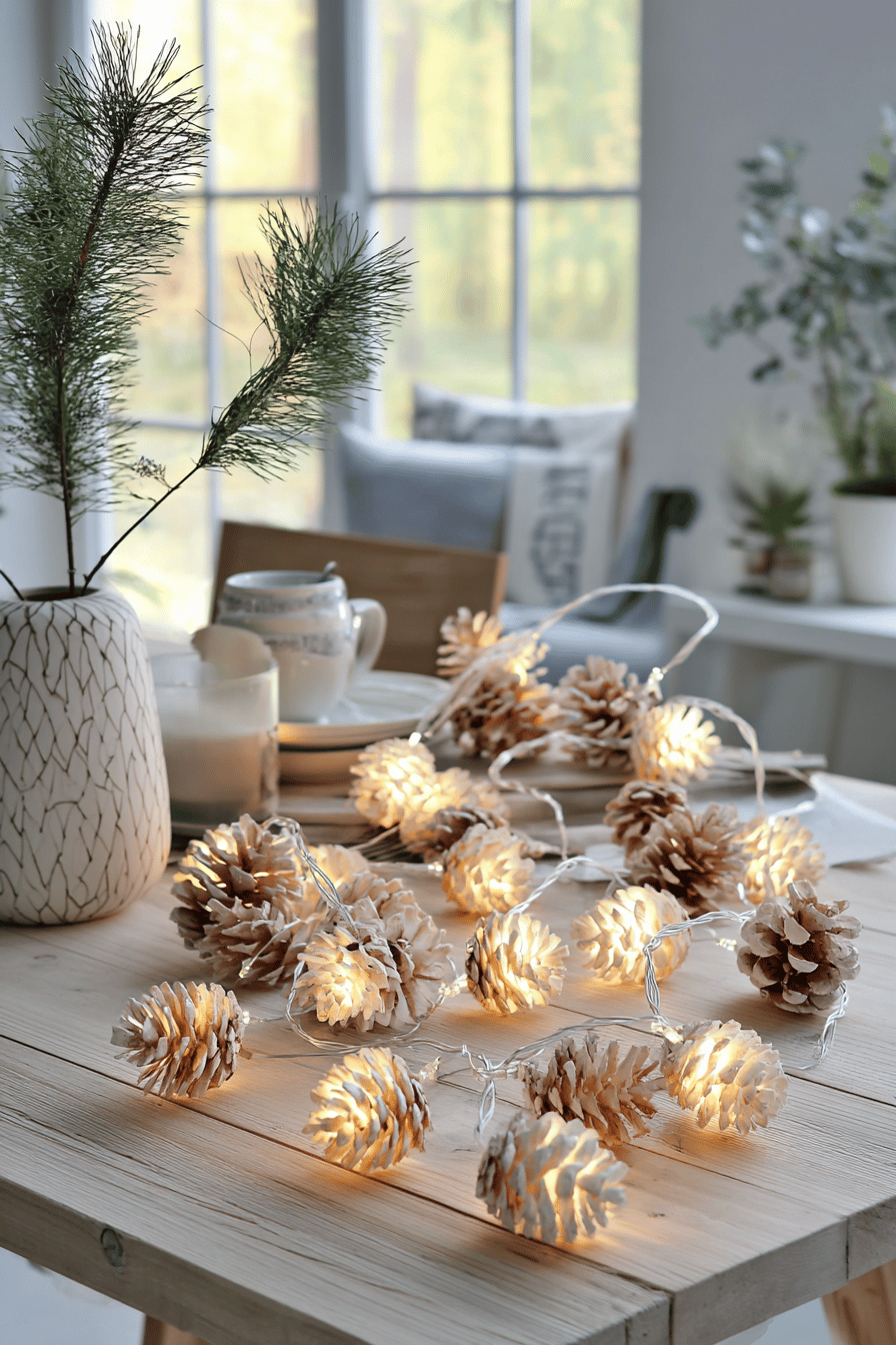 Tischdekoration mit beleuchteten Zapfen-Lichterketten und grünen Zweigen.