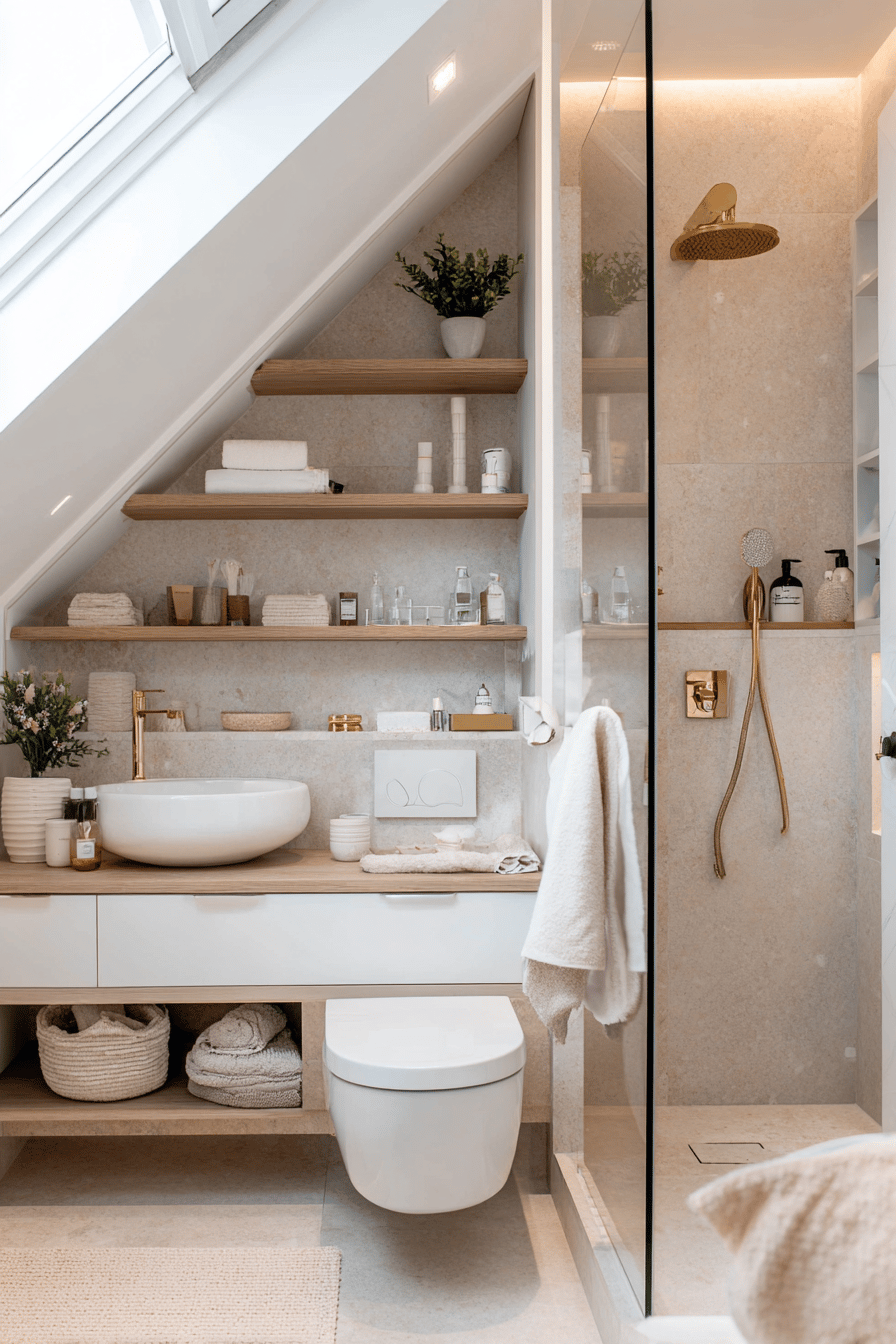 Modernes Bad unter der Dachschräge mit LED-Spots, Holzregalen und goldenen Armaturen