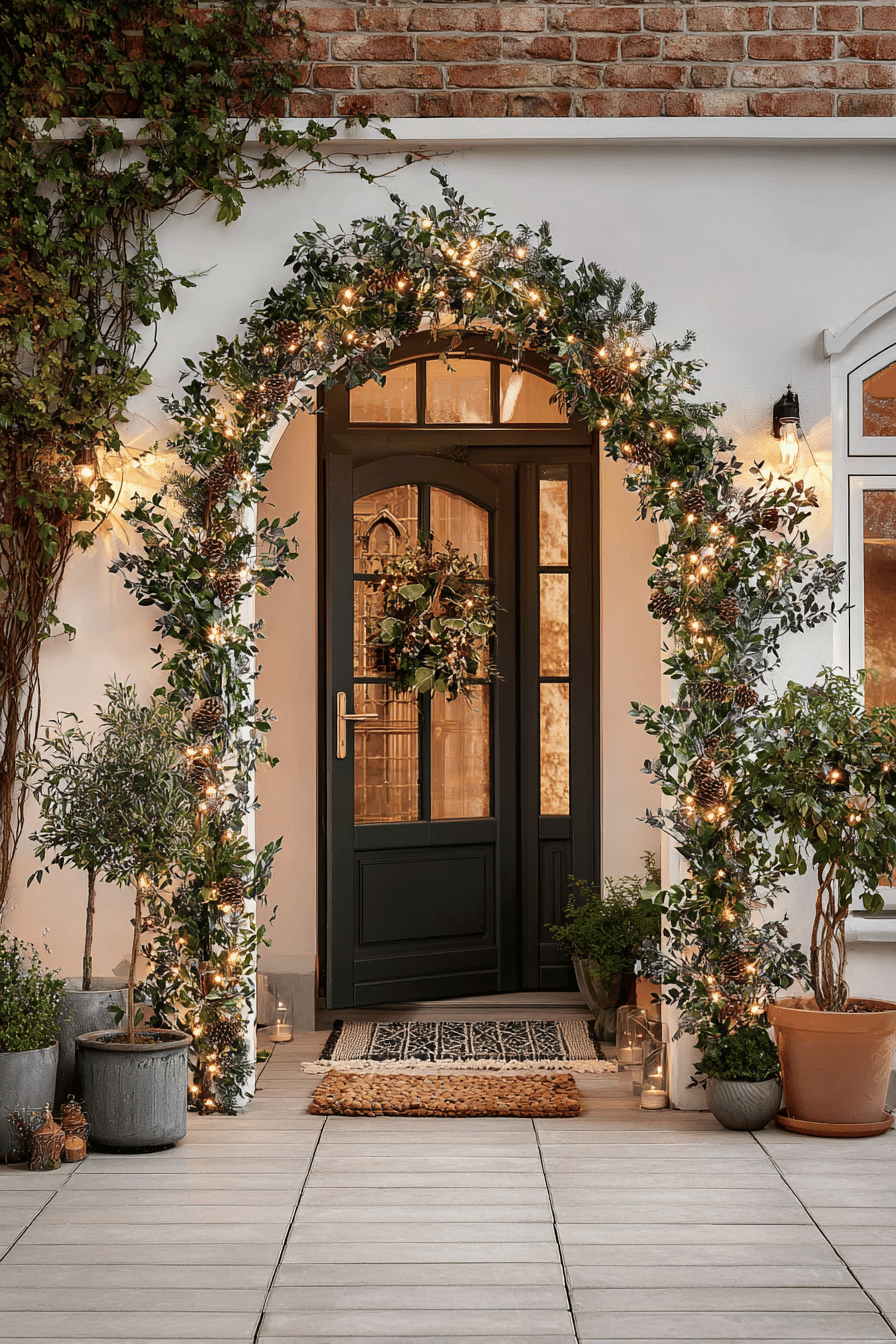 Beleuchteter Lichterbogen mit Tannenzweigen und Lichterkette vor einer Haustür