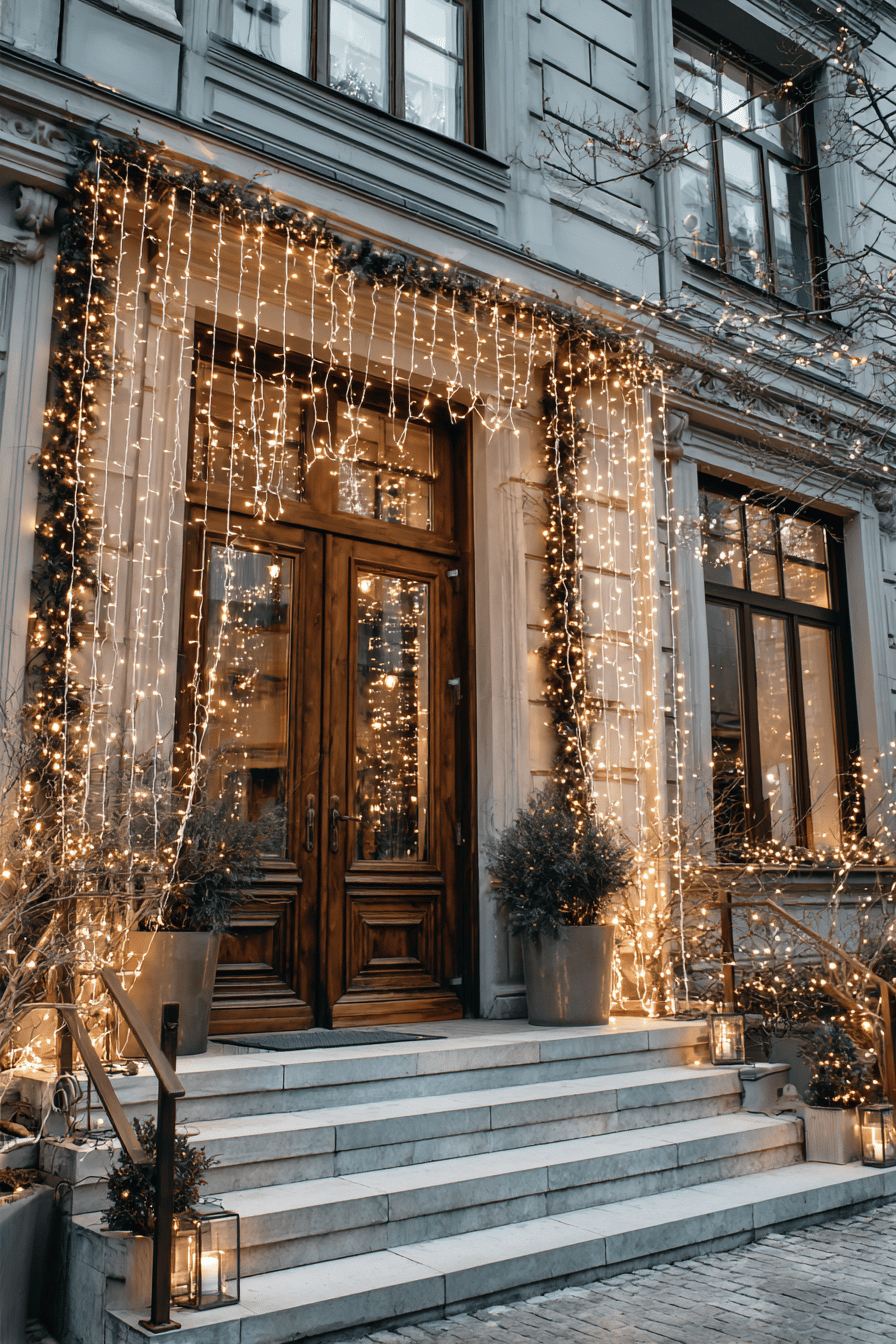 Hausfassade mit Lichtervorhängen und weihnachtlicher Dekoration.