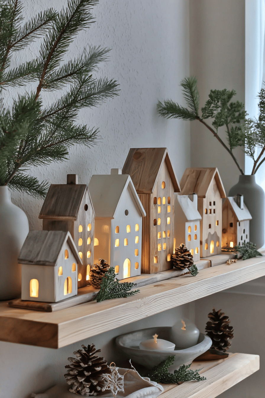 Leuchtende Deko-Häuser aus Holz auf einem Regal mit Zweigen und Zapfen