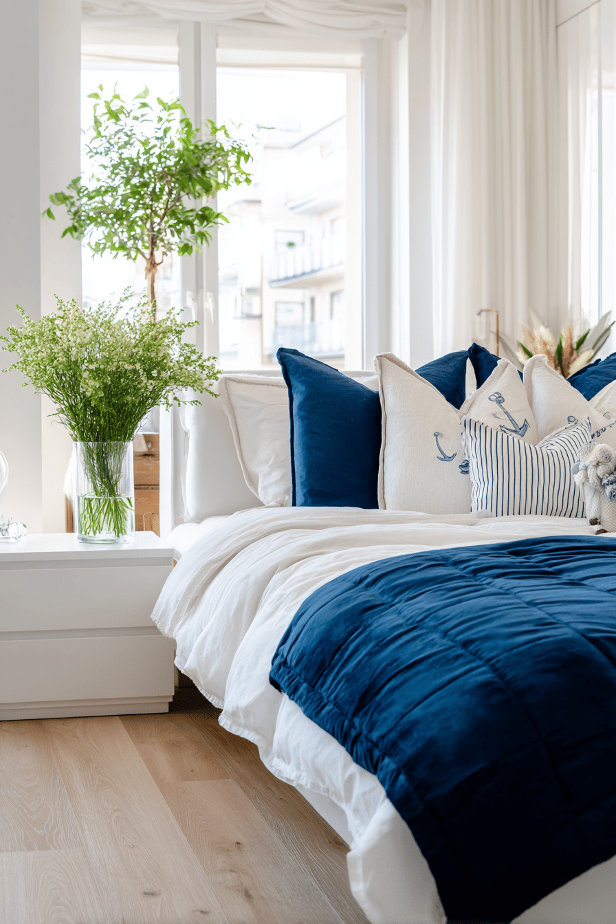 Schlafzimmer mit dunkelblauer Bettwäsche und weißen Akzenten im maritimen Look
