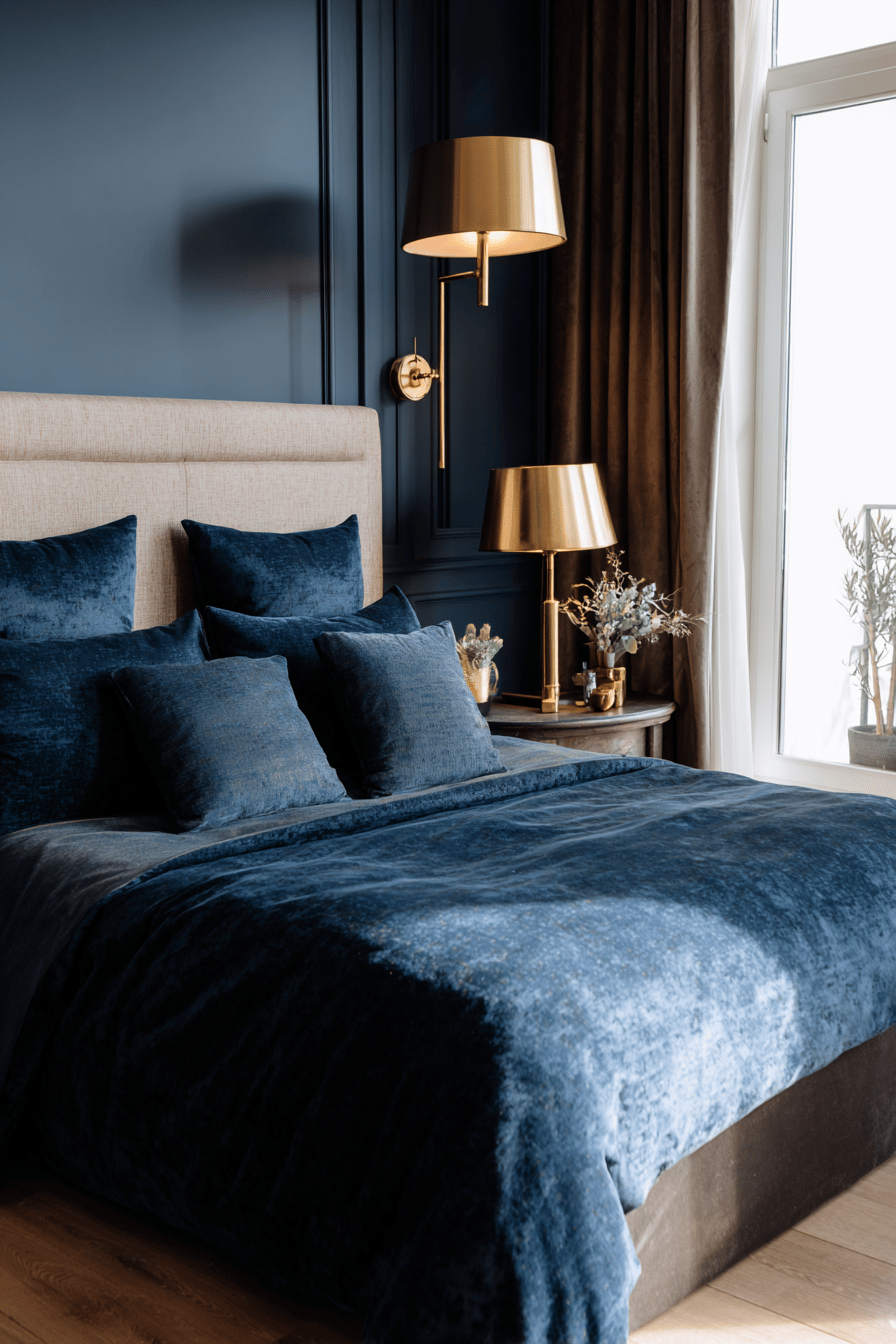 Dunkelblaues Schlafzimmer mit goldenen Messinglampen und elegantem Bett