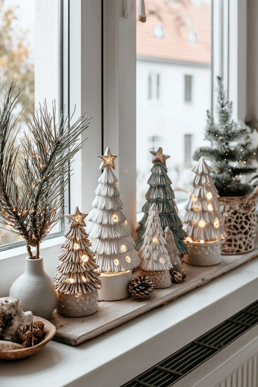 Dekorierte Fensterbank mit beleuchteten Mini-Weihnachtsbäumen im Freien.