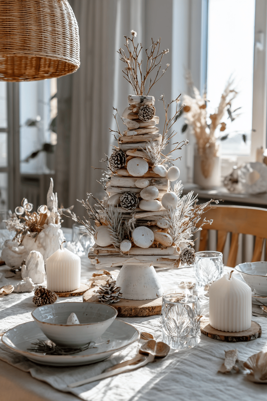 Weihnachtlich gedeckter Tisch mit einem DIY Miniatur-Weihnachtsbaum aus natürlichen Materialien.