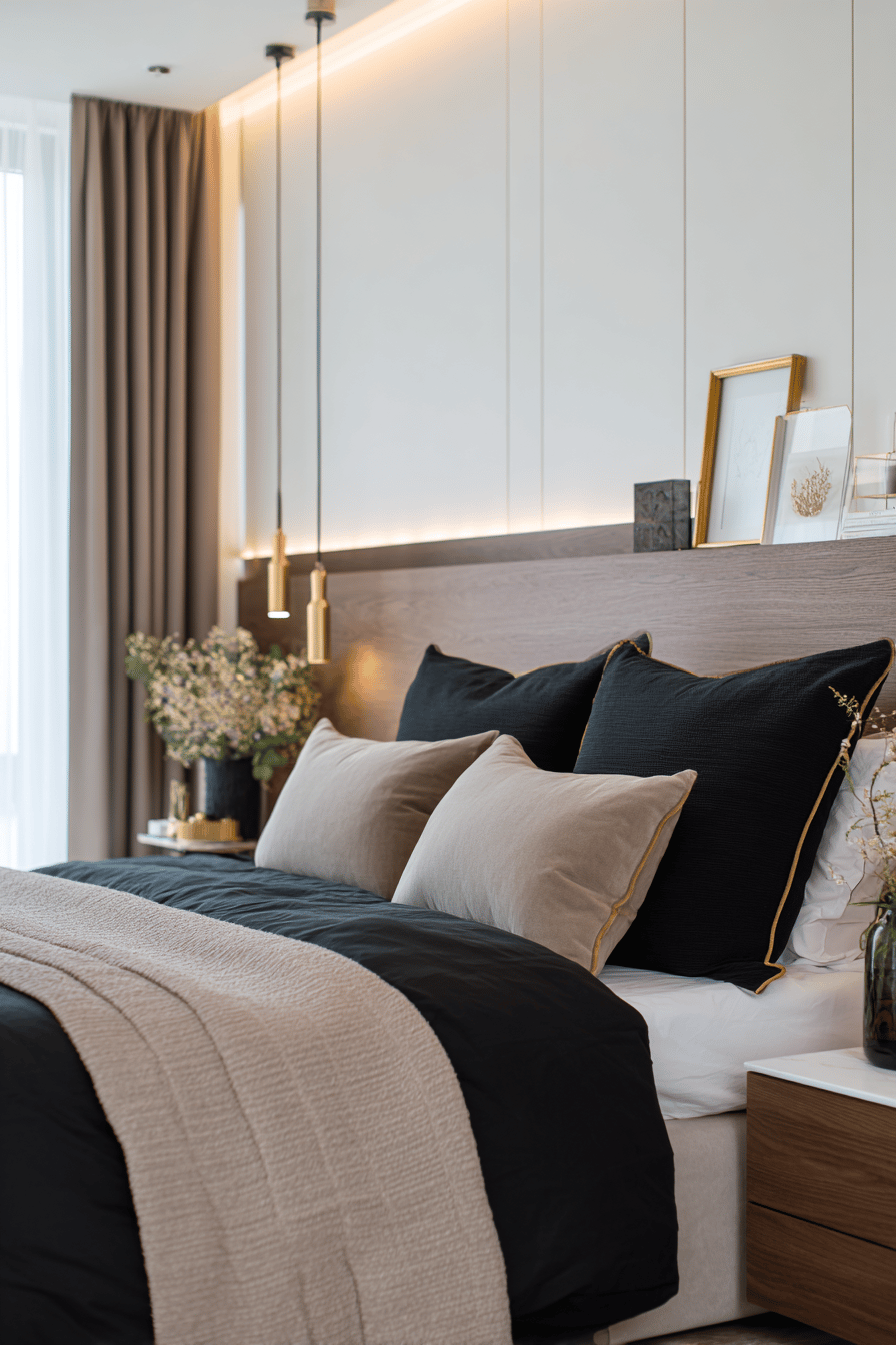 Modernes Schlafzimmer mit dunkelblauer Bettwäsche, goldenen Akzenten und indirekter Beleuchtung