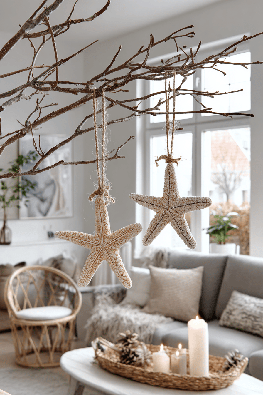 Minimalistische Sterne aus Ästen und Schnüren hängen in einem gemütlichen Wohnzimmer.