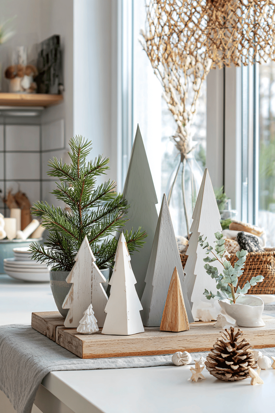 Minimalistische Holzbäume im skandinavischen Stil stehen dekorativ auf einem Tisch.
