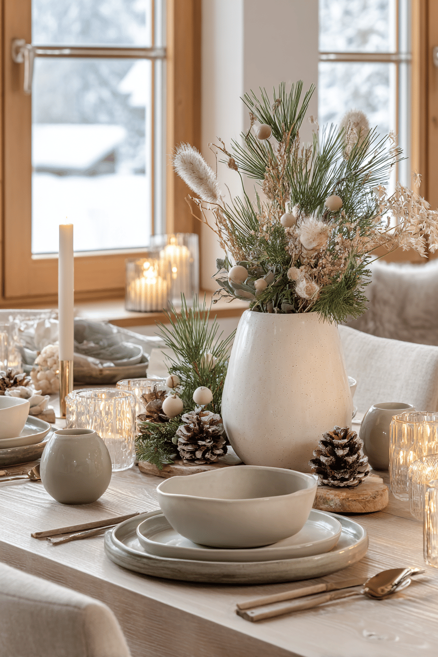 Ein festlich gedeckter Tisch mit minimalistischem Dekor in natürlichen Tönen, inklusive Kerzen, Kieferngrün und Tannenzapfen.