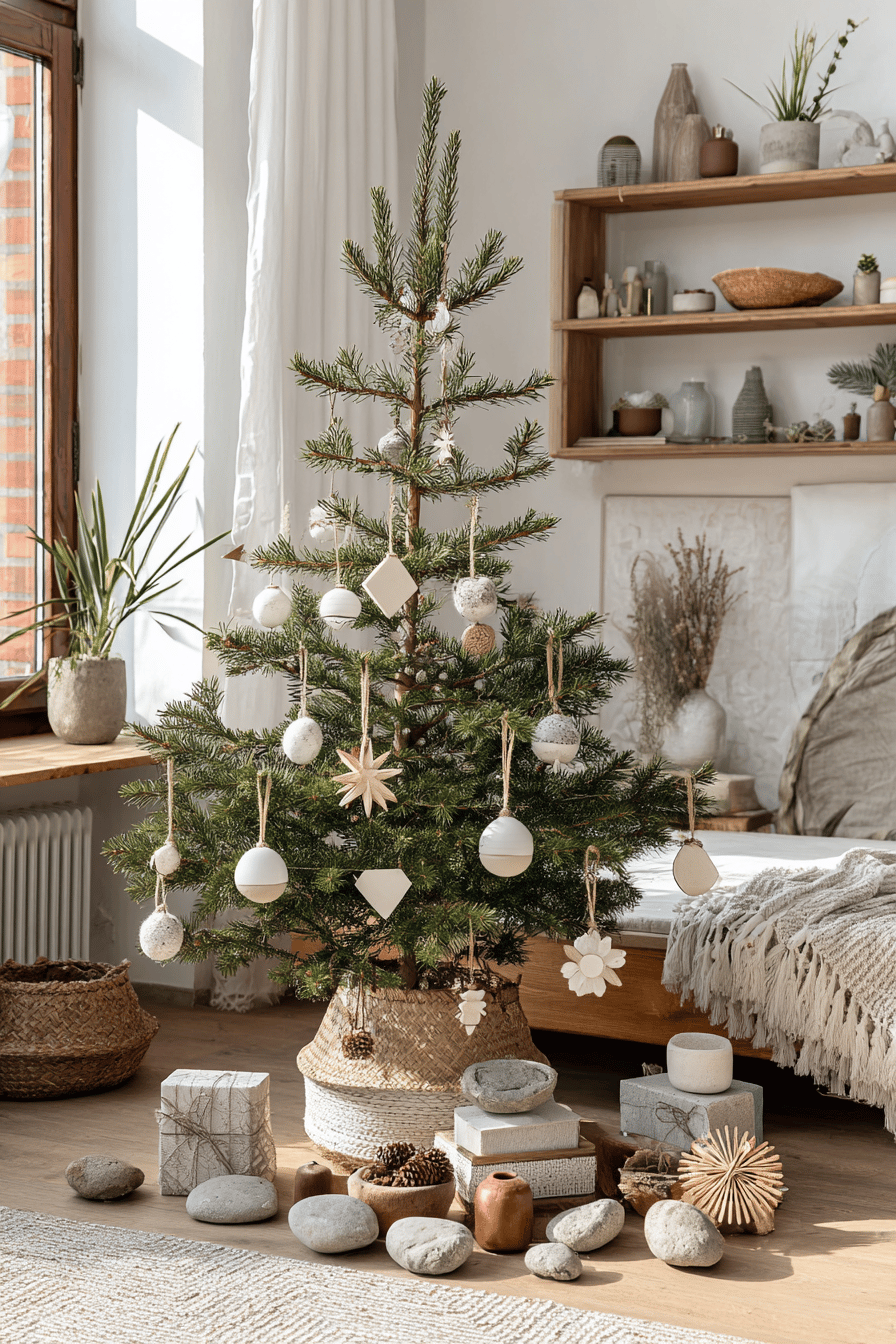 Minimalistisch dekorierter Weihnachtsbaum mit weißen und natürlichen Ornamenten in einem gemütlichen Raum.